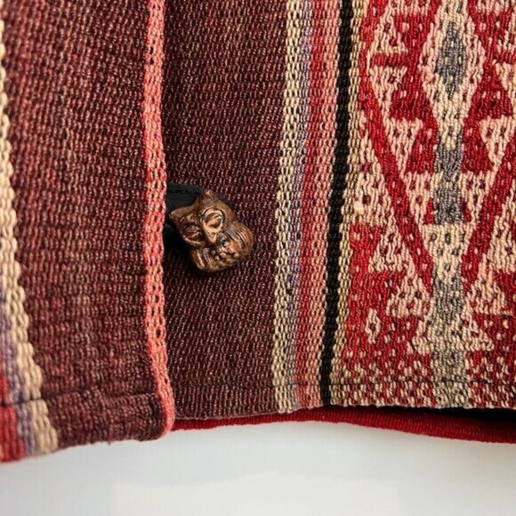 Vintage 70s Handmade Argyle Print Red Wood Button Owls Jacket Coat Size Small - Picture 13 of 16